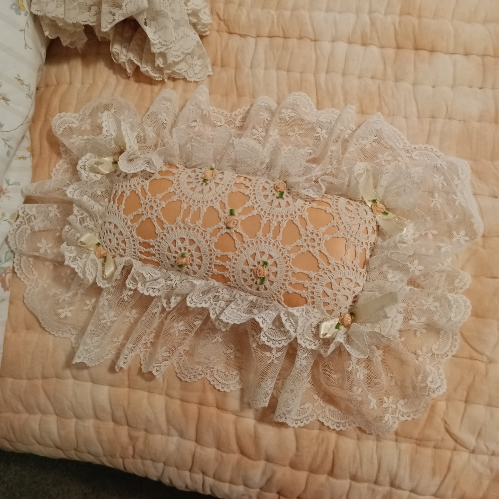 Vintage Lace Decorative Pillow with Floral Accents